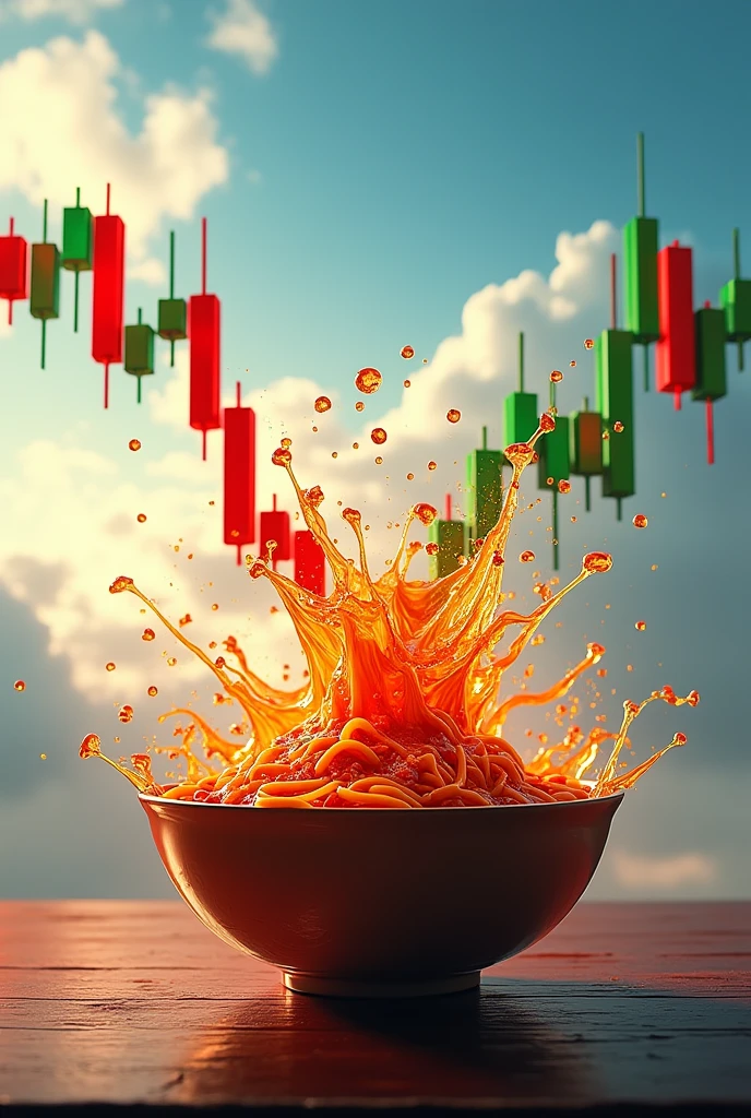Can you create the modern 3d forex chart trading with three line of 3D moving average line indicators. chart against red and green candlesticks, Chart Ejaculate break out from very spicy soup noddle bowl and fly up to sky. Graph make soup splashing from blow. Focus on forex chart and moving average line.
