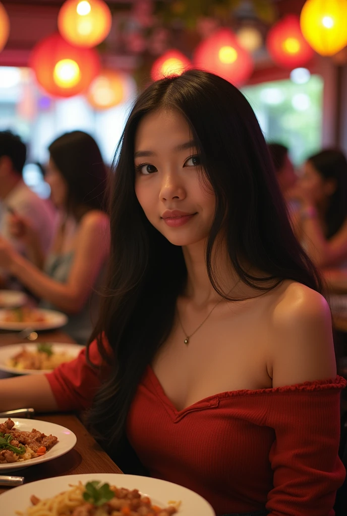 A beautiful asian women, long straight black hair, big breast, big breasts , big tits , busty, big chest,double eyelids, beautiful face, hd, realistic detailed, wearing a sexy off shoulder top, jeans,at the restaurant, with her best friends, girlfriends, friends, with best friends , foods on table , friends taking pictures together