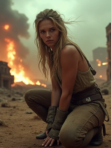 (((Fisheye, 5mm lens, from above))) Full body shot, RAW photograph, an ultra hot gorgeous European french woman , age 23, She’s a playmate and men magazine supermodel. dirty sweaty face, long dirty blonde hair, wind blown hair, jedi robes, Jedi Master, sexy, Against the backdrop of a desolate post-apocalypse, hero landing pose, crouched, torn costume, costume with lots of holes and tears in it, lots of skin showing, lots of cleavage visible, torn clothes, destroyed buildings, Carcasses of burnt war vehicles, tracer bullet flares on background, Oppressive atmosphere, Dark skies, photo realism, sharp-focus, fallout, science fiction, cinematic scene, space vehicles in sky, movie scene. Backlight. Perfect anatomy, perfect hair, perfect breast, perfect body, perfect hands, perfect face, perfect eyes, accurate, anatomically correct, perfect clear and crisp focus, UHD, masterpiece, 