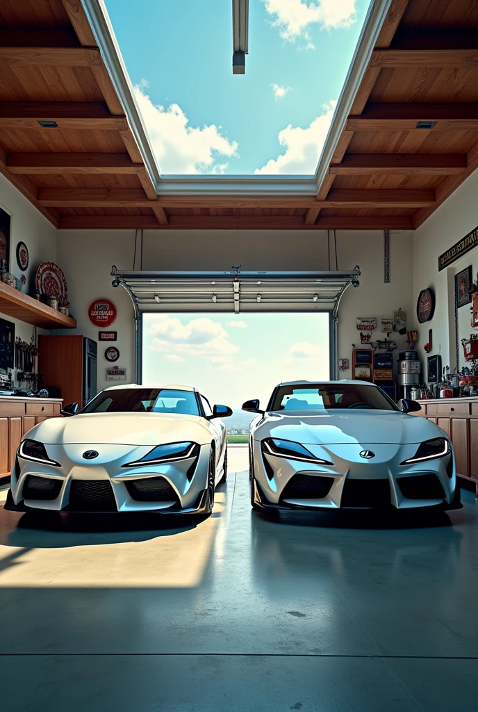 A house garage, a white Toyota Supra MK4 and a white Lexus LFA parked , daytime with an open sky  .