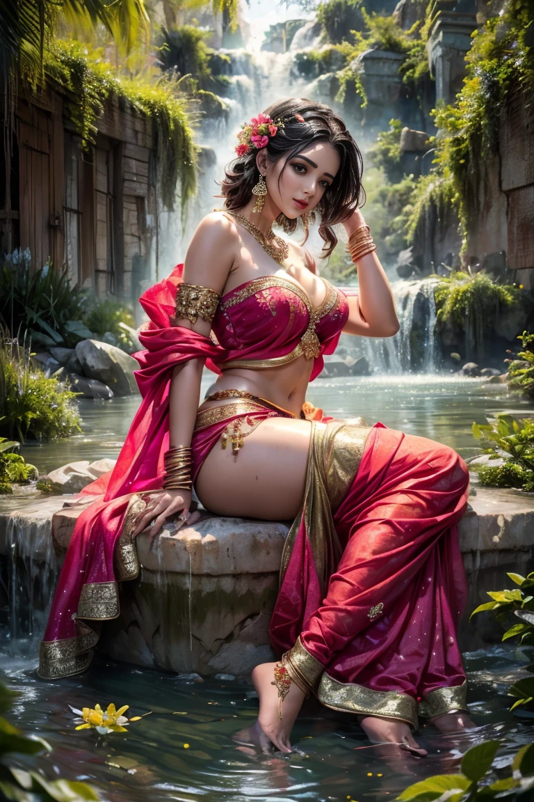 portrait,(NSFW 0.75) boy,woman, ((princess pose)) ,very very big breast, soft nylon sexy saree , orange , pink ,teal,red, yellow colour ,flower design modern light wedding saree,  colorful, flower armor,  good anatomy,  best quality,  (((masterpiece))),  high quality,  realist,  best detailed,  details,  realist skin,  skin detailed,  underboobs,  beautiful  posing under a fairy tale of exotic magic,lehenga choli, girl immersed in water , soaked saree, meadows background , bokeh effect , chubby , nipple slip , put milk in breast,off shoulder, strapless blouse, different saree wearing style,(multi chain jewellery blouse),(wearing jewellery on blouse)(buttocks and looking back) ((sitting on rock, spreading legs wide open, yellow sareee))