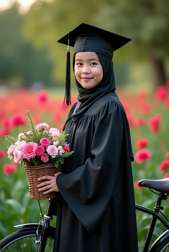 (masterpiece), (best quality), Photo Realistic, (extreme detailed), full body, a girl , wearing hijab, wearing black graduation hat, Wearing a black graduation gown, bicycle background with flower basket, Flower garden background , (parfect detail features), 16k,