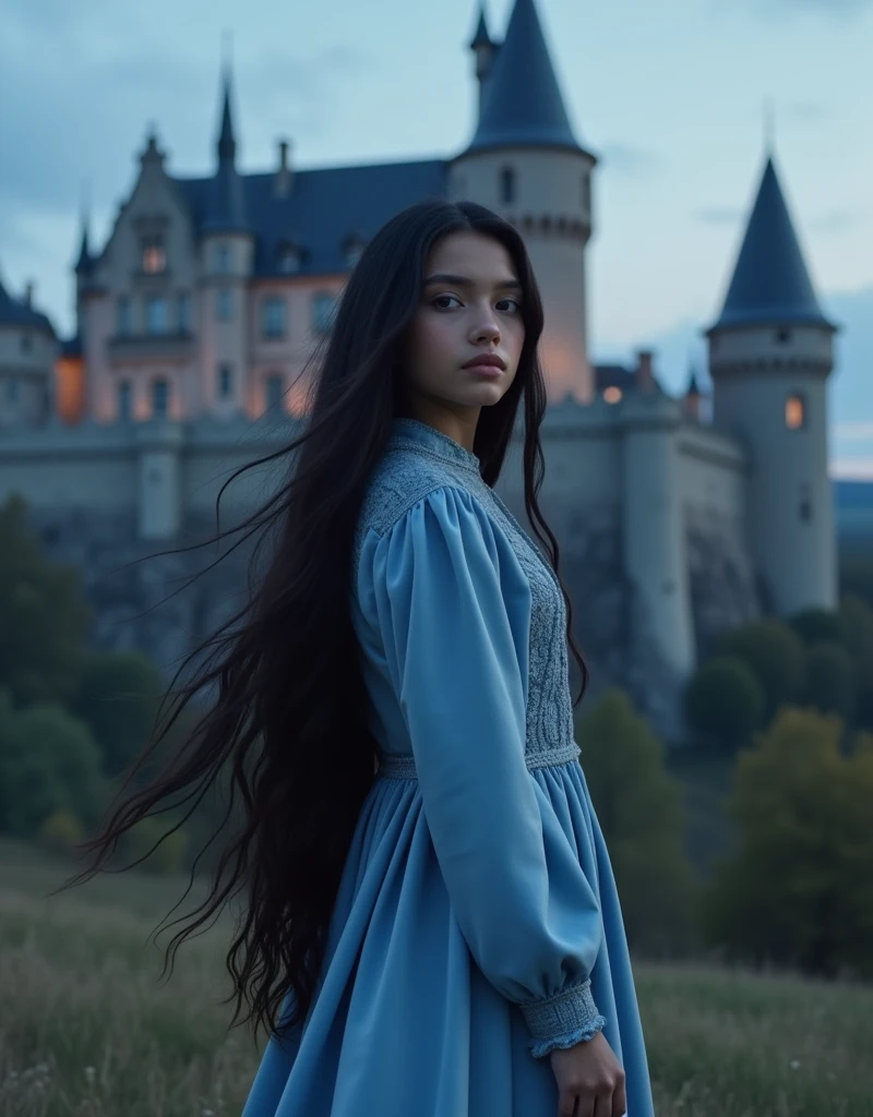 1girl、Long Black Hair,Fair skin、Long eyelashes,Classical blue-toned fashion、boots,European Castles、