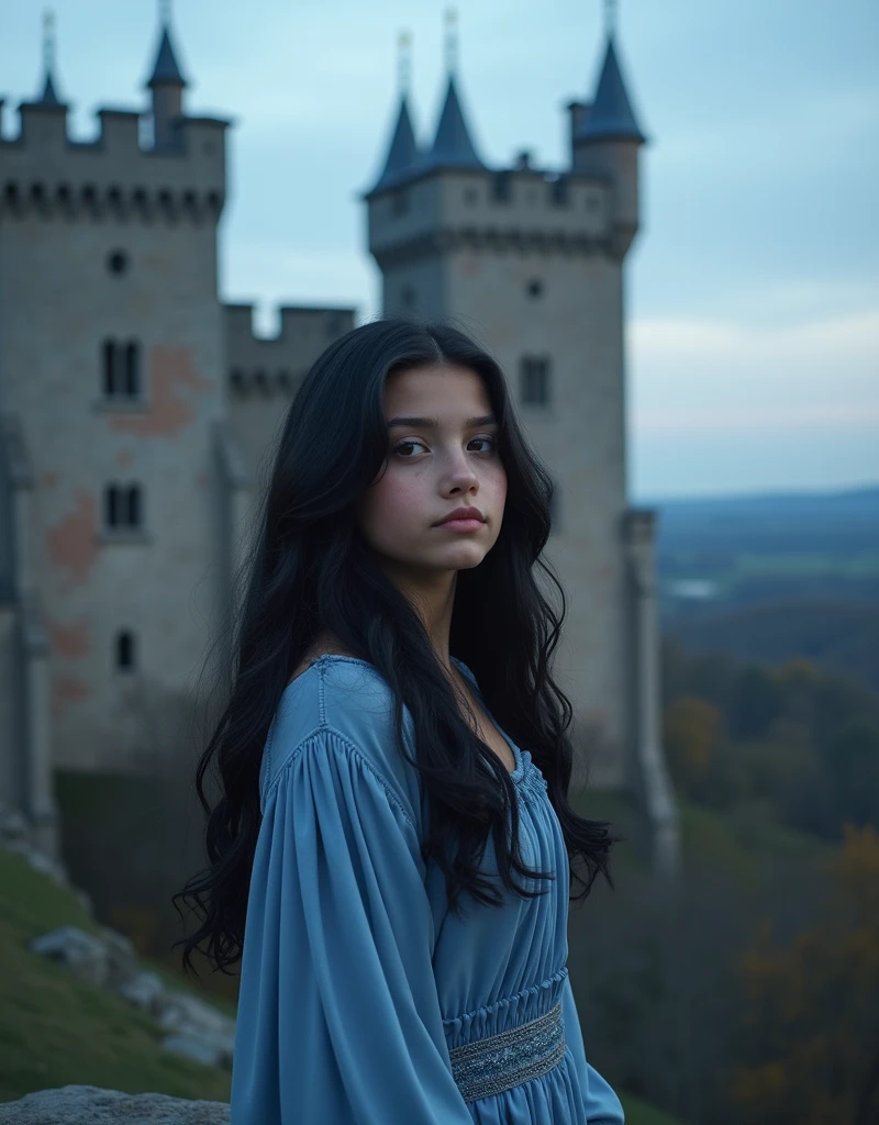 1girl、Long Black Hair,Fair skin、Long eyelashes,Classical blue-toned fashion、boots,European Castles、