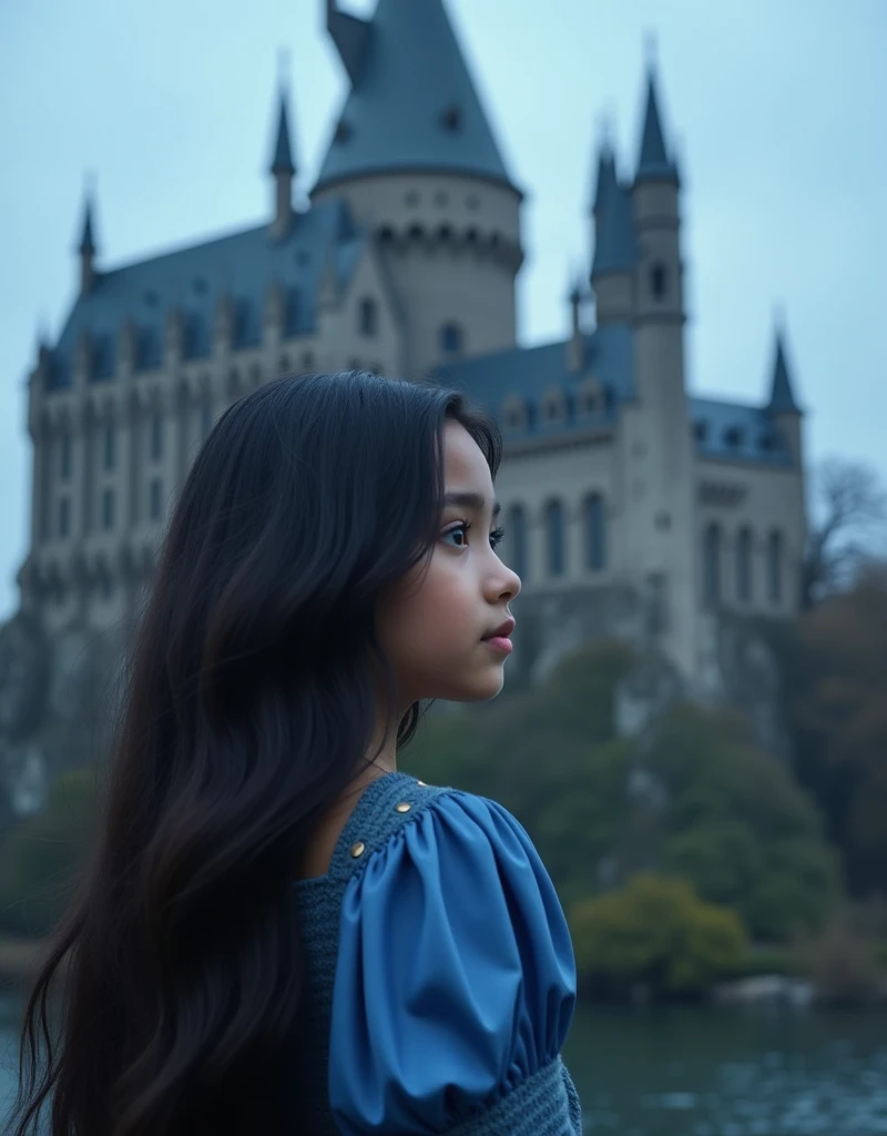 1girl、Long Black Hair,Fair skin、Long eyelashes,Classical blue-toned fashion、boots,European Castles、