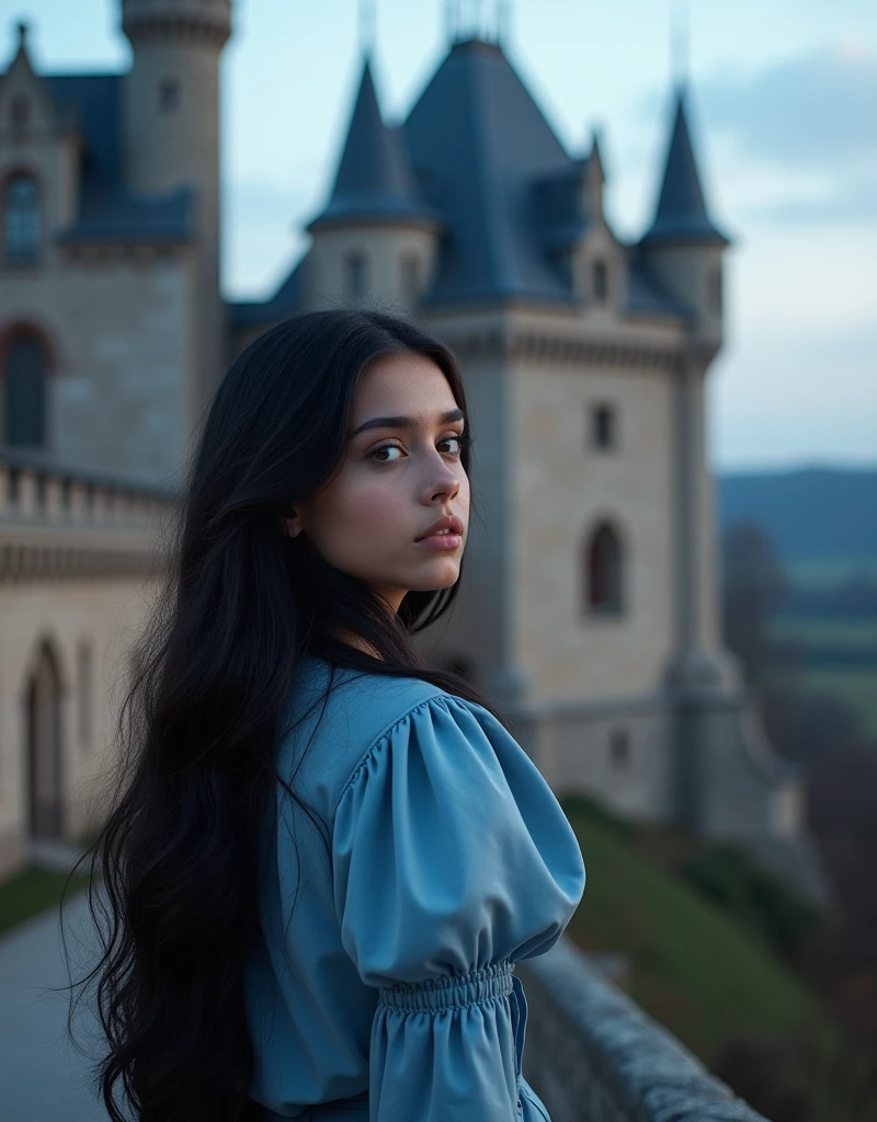 1girl、Long Black Hair,Fair skin、Long eyelashes,Classical blue-toned fashion、boots,European Castles、