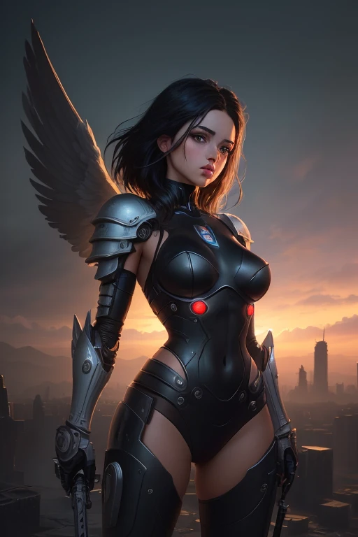 A woman dressed in black with a sword and a large body., beautiful cyborg angel girl, angel knight girl, Wojtek FUS, battle angel, angel with plastic armor, alena aenami and artgerm, battle angel alita, Artgerm Julie Bell Beeple, Chica Valquiria mechanized, alita battle angel, the best of art station