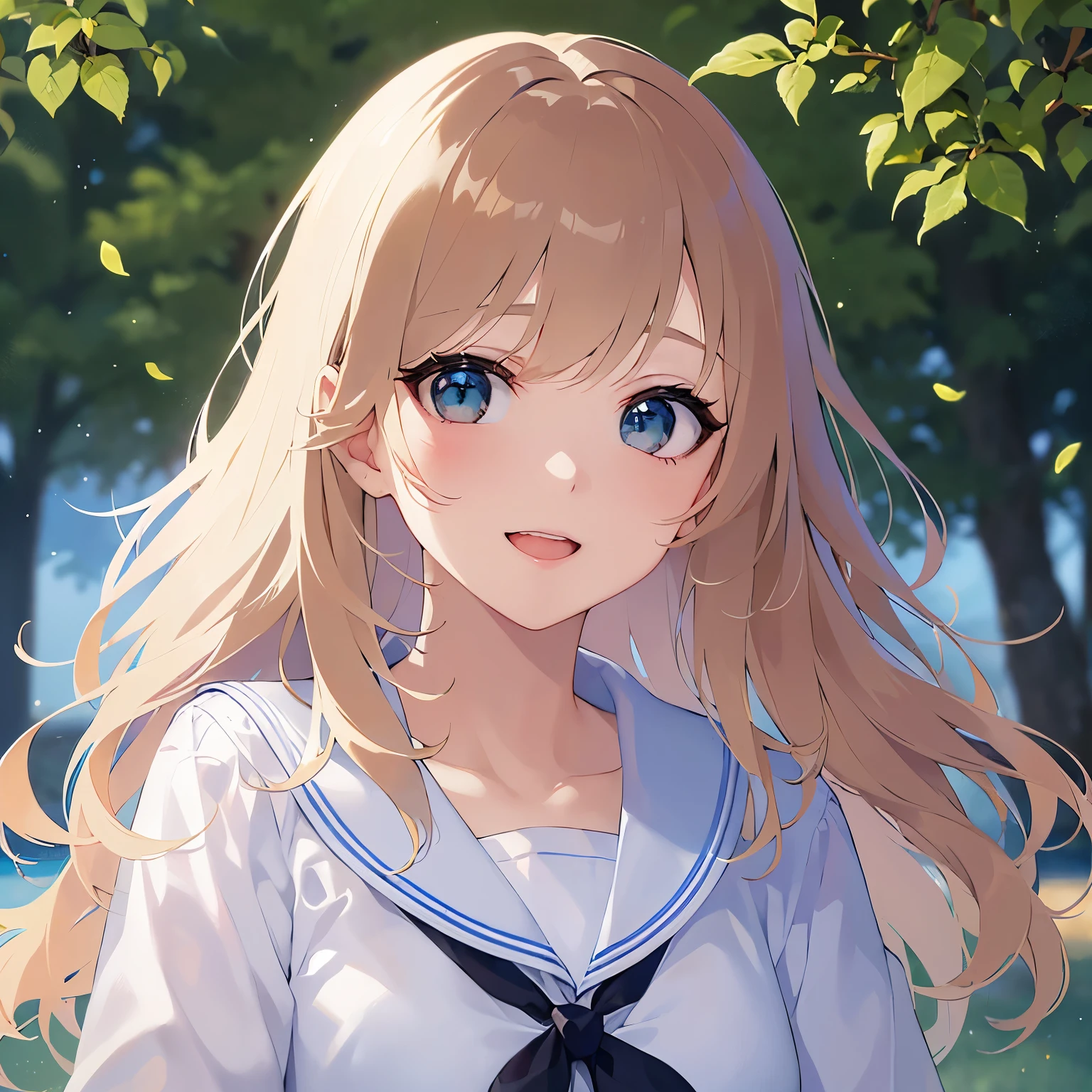 (waving hand:1.1), (Biologically correct five fingers:1.2)、Upper Body, Realistic, real person, (pale skin: 1.2), RAW photo, photorealistic, shiny skin, shiny hair、 (A 15-year-old female with medium length hair and bangs) and (wavy hair) and (Blonde Hair) and (green eyes), BREAK sailor suit, dark blue collar, white shirts,red ribbon BREAK、 (smile:1.2), open mouth, The background is a park、（alone:1.5）