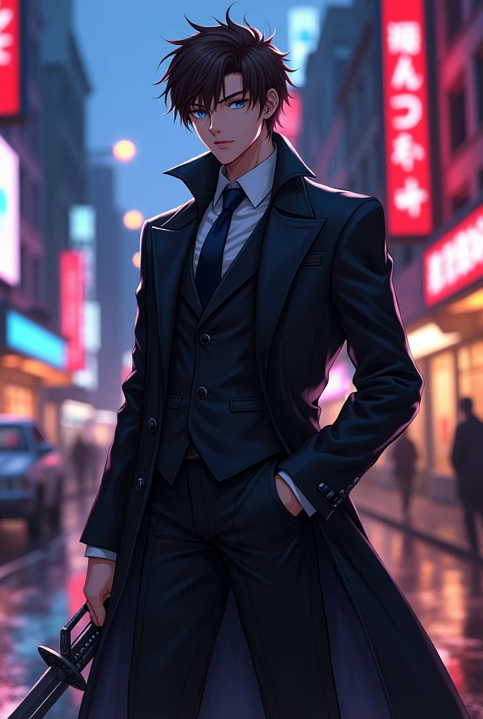 An anime man wearing a long leather jacket and a suit, with brown hair and two-colored eyes, one blue and the other black., And he's holding a