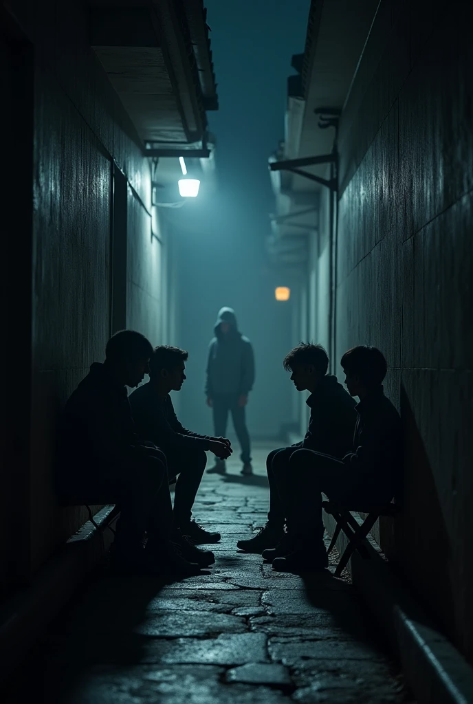 a dimly lit alley at night, a group of young people sitting together, discussing something, a passerby walks by, the group stops talking, they put up their hoods and follow the passerby after they leave, cinematic atmosphere, moody lighting, dramatic shadows, mystery, intrigue, suspense, (best quality,4k,8k,highres,masterpiece:1.2),ultra-detailed,(realistic,photorealistic,photo-realistic:1.37),HDR,UHD,studio lighting,ultra-fine painting,sharp focus,physically-based rendering,extreme detail description,professional,vivid colors,bokeh,dark tones,chiaroscuro lighting,dramatic composition