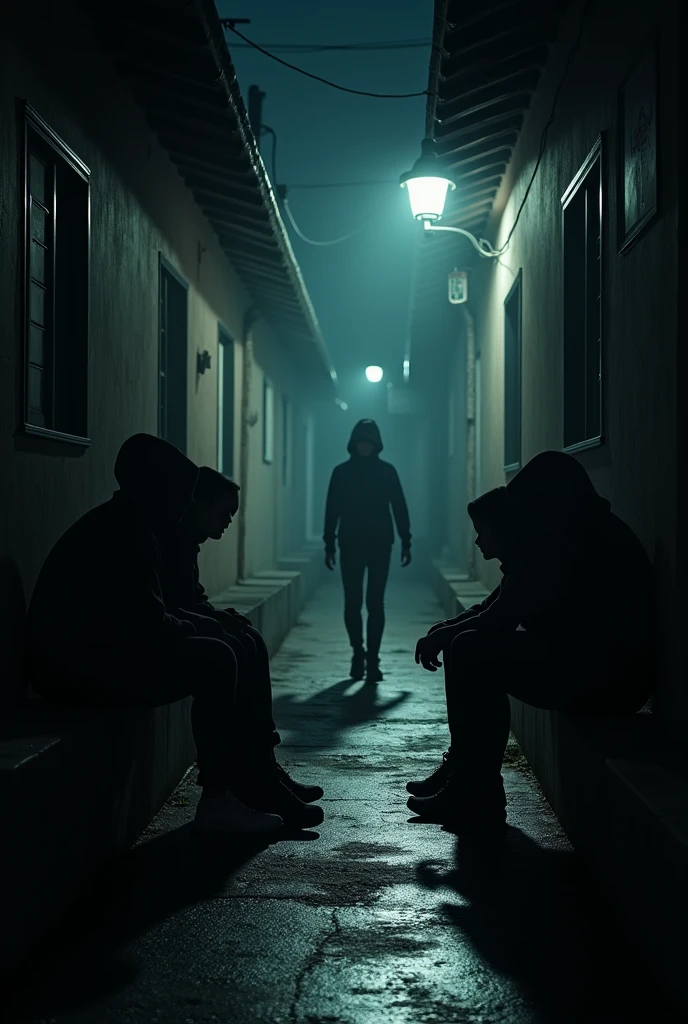 a dimly lit alley at night, a group of young people sitting together, discussing something, a passerby walks by, the group stops talking, they put up their hoods and follow the passerby after they leave, cinematic atmosphere, moody lighting, dramatic shadows, mystery, intrigue, suspense, (best quality,4k,8k,highres,masterpiece:1.2),ultra-detailed,(realistic,photorealistic,photo-realistic:1.37),HDR,UHD,studio lighting,ultra-fine painting,sharp focus,physically-based rendering,extreme detail description,professional,vivid colors,bokeh,dark tones,chiaroscuro lighting,dramatic composition