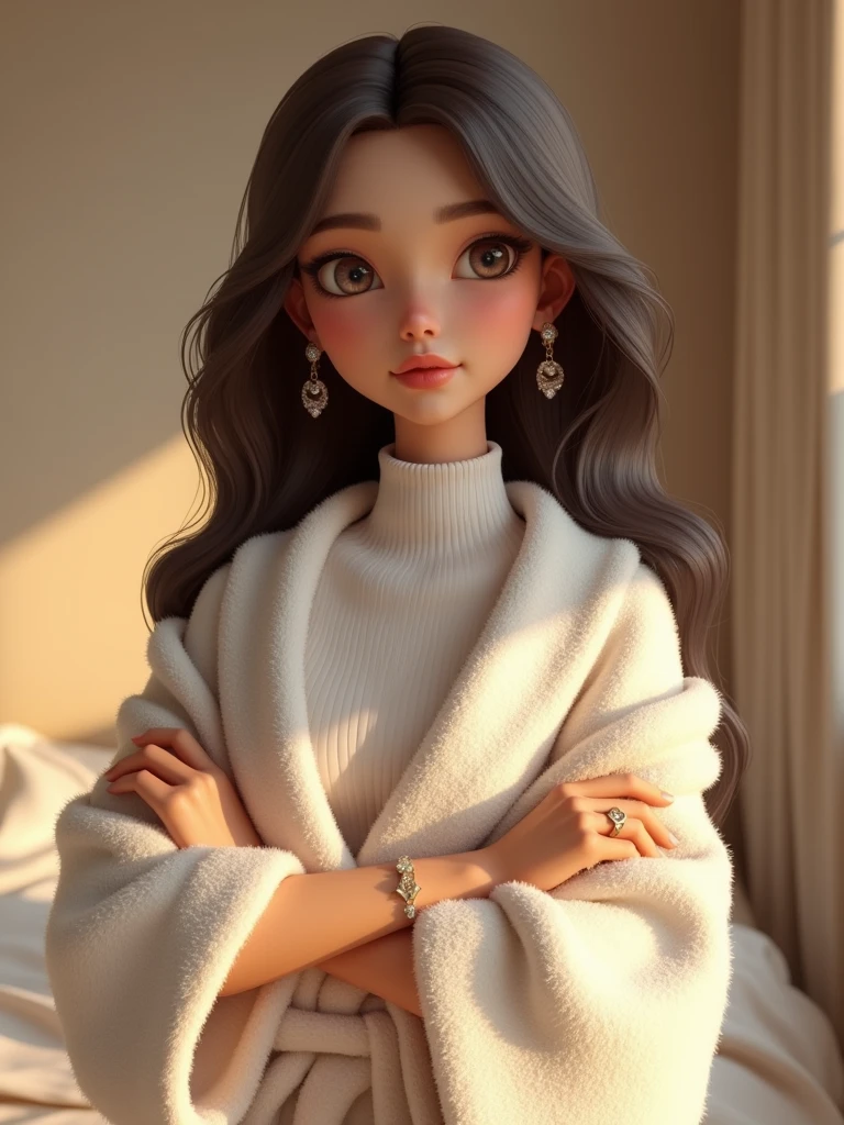 1girl 3d bangs breast hold breasts crossed arms jewelry lips long hair photo \(medium\) ring solo turtleneck,white_bathrobe,