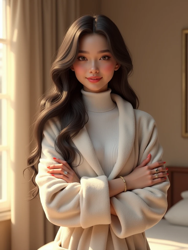 1girl 3d bangs breast hold breasts crossed arms jewelry lips long hair photo \(medium\) ring solo turtleneck,white_bathrobe,