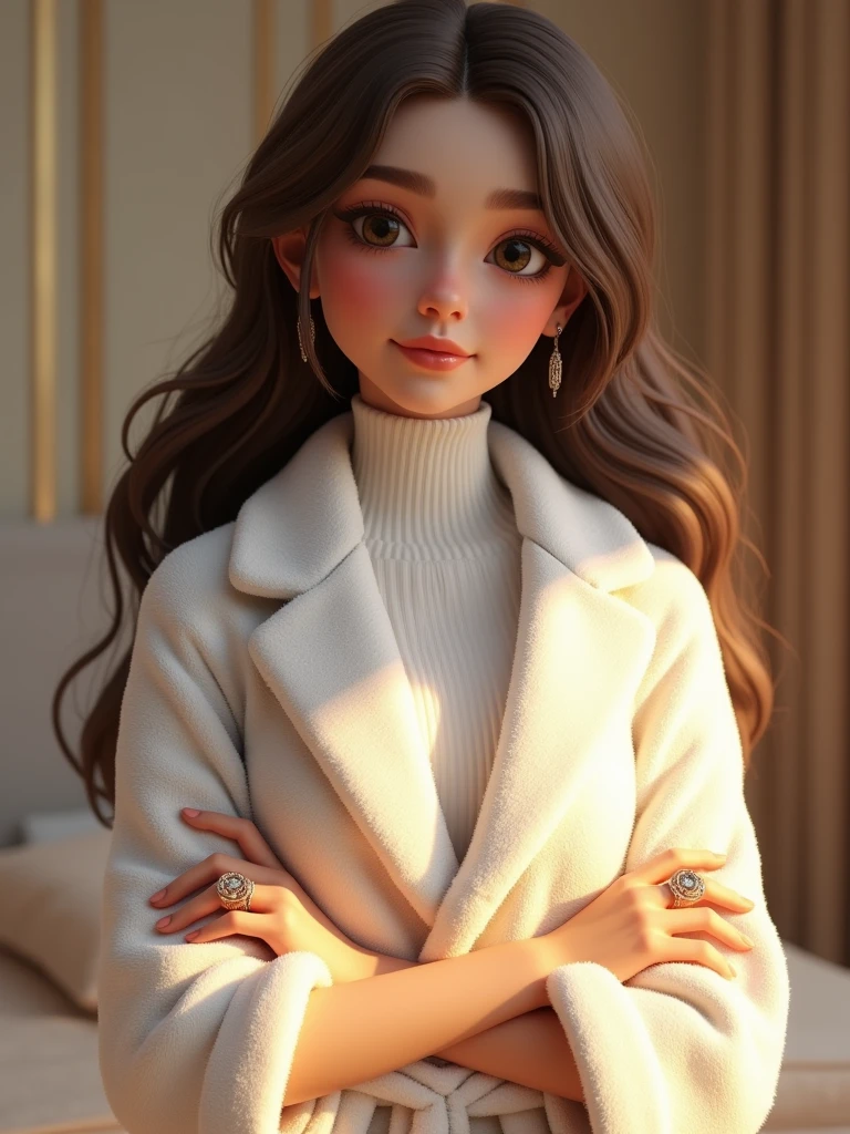 1girl 3d bangs breast hold breasts crossed arms jewelry lips long hair photo \(medium\) ring solo turtleneck,white_bathrobe,