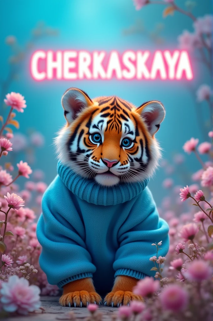 A fluffy tiger in a blue sweater on a background of delicate flowers with a blue tint and neon letters says CHERKASKAYA very gentle photo