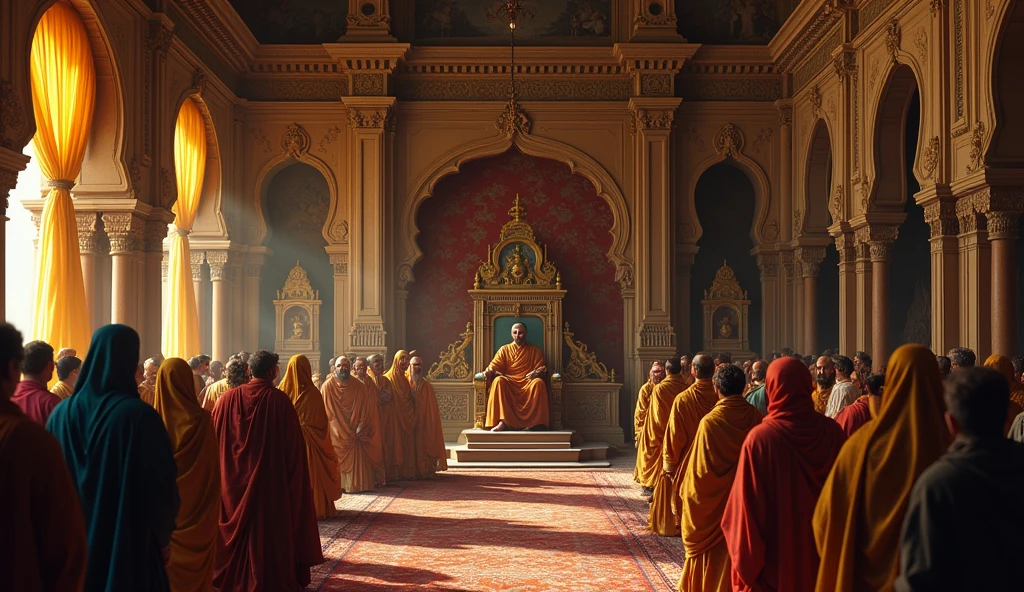 Inside Akbar’s grand court, Akbar is seated on his throne, receiving the news that Maharana Pratap has reclaimed another fort. His face shows a mix of frustration and realization, with courtiers and generals around him exchanging worried glances. The scene emphasizes the tension in the court as they understand the growing challenge that Pratap poses.