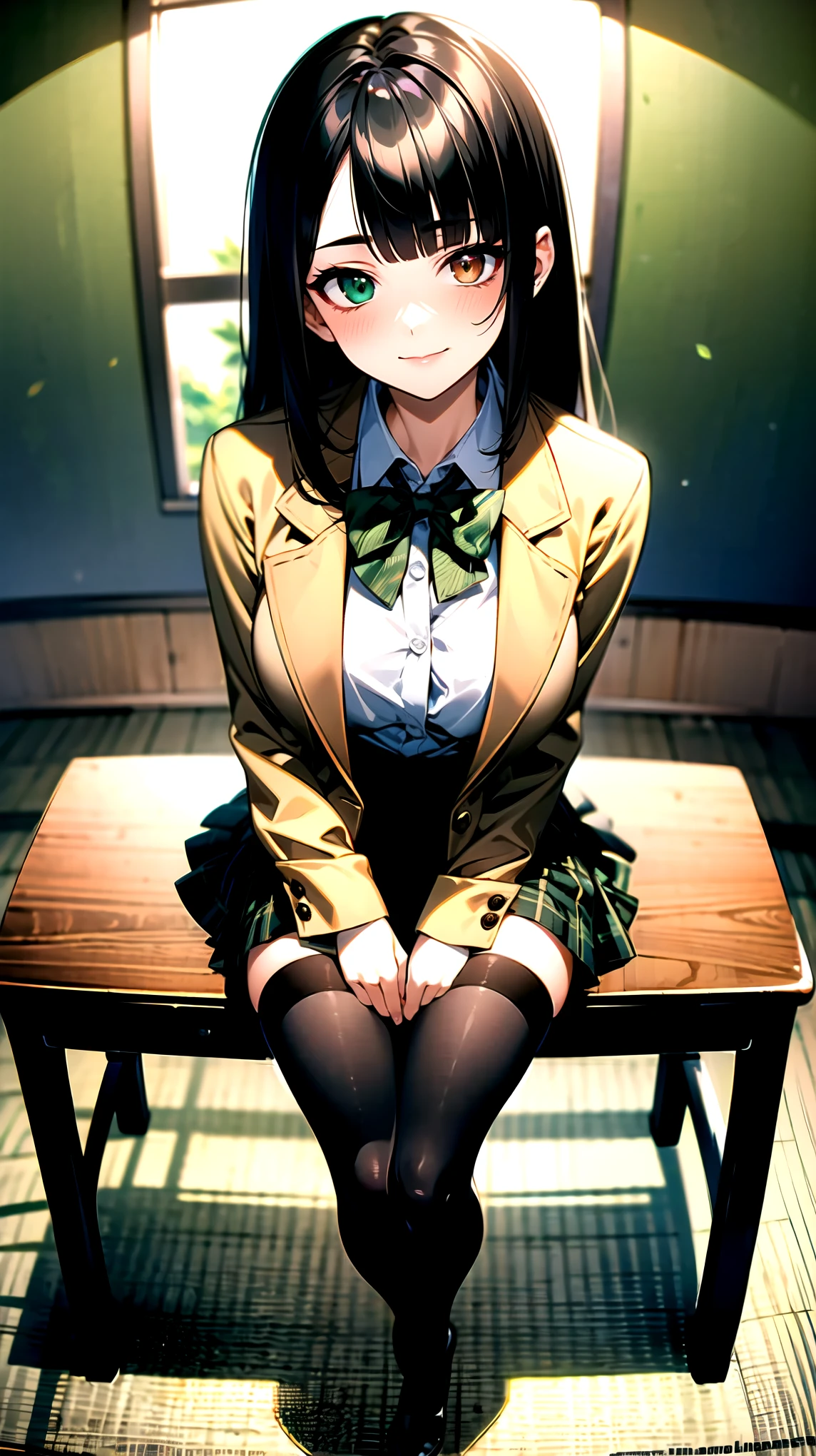 ((super high quality,Ultra-high resolution,4K,8k,super masterpiece,Ultra HD ,Detailed shading)),Full body photo,night classroom,1 high school girl,dark green blazer,White dress shirt unbuttoned to the second on,Yellow and black striped bowtie,Brown plaid mini skirt,Black tights,Extremely long, straight, black hair,Side-swept bangs,Heterochromia of orange and green,Sharp gaze with raised eyebrows,smile,Sit at a desk,