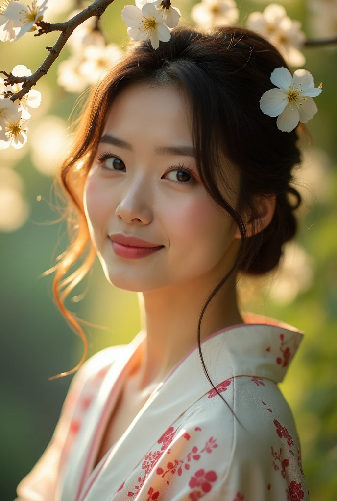 An elegantly dressed Japanese woman in natural light、A close-up of her chest and calm expression.、It shows her inner peace and outer charm.。