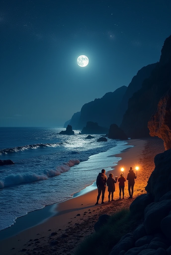 Night view of the sea、Illuminating the coast with torches