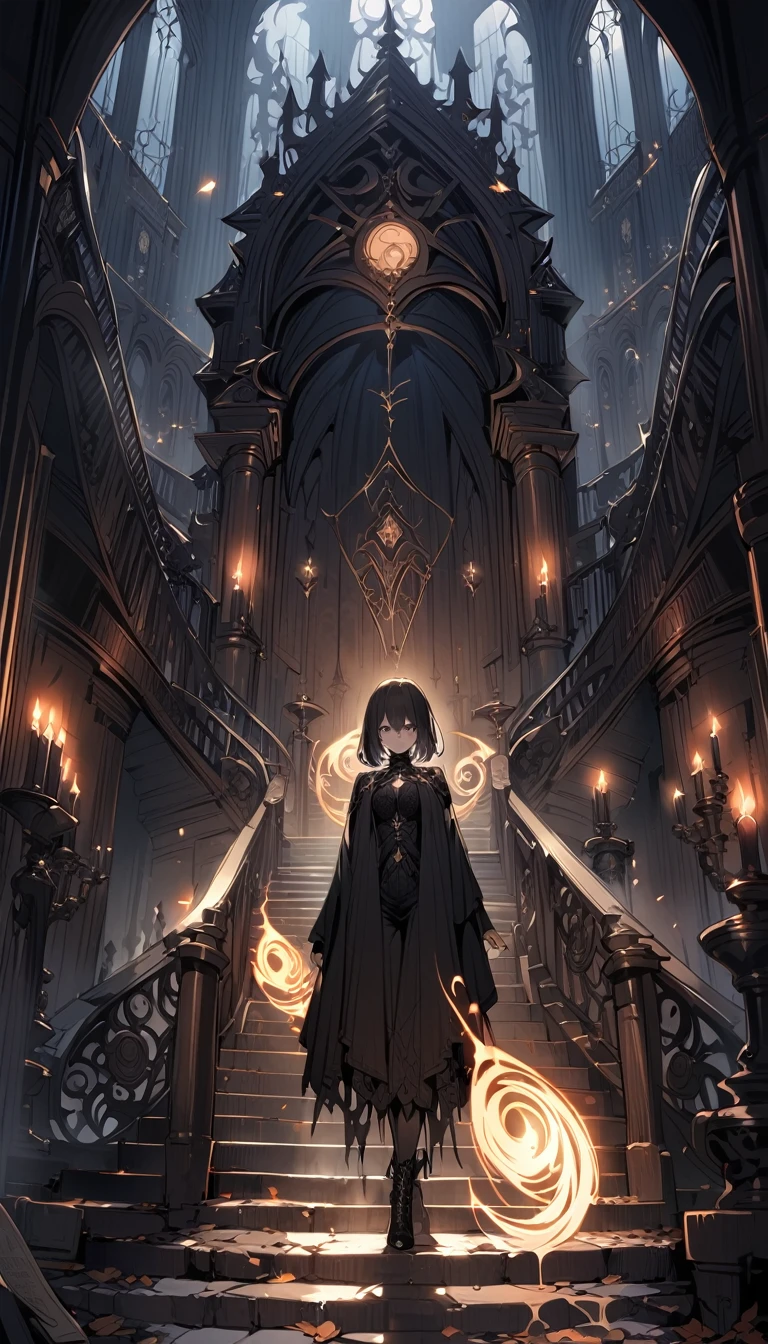 ((best quality)) , ((masterpiece)) , (detailed),((1girl)), short hair,  black hair, cape, staff, stairs, magic,((Gothic style， Dark, mysterious, haunting, dramatic, ornate, detailed))