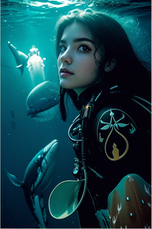 (masterpiece, Best quality, ultra detailed, best shadow), (beautiful detailed face:1.3),(One), (family_friendly:0.8),high contrast, ultra high resolution,(1 girl under the deep sea:1.6),(diving And whale caress:1.3),whole body, diving suit,refract world from above,luminous_world,bright algae,multicolored corals, looking_From afar, tropical fish,(turbulence disturbed hair:1.2),([BLUE|Silver] hair:1.1) 