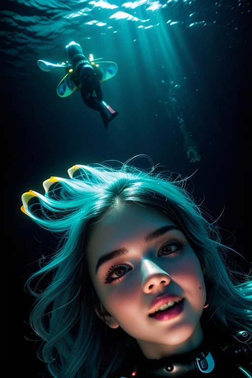 (masterpiece, Best quality, ultra detailed, best shadow), (beautiful detailed face:1.3),(One), (family_friendly:0.8),high contrast, ultra high resolution,(1 girl under the deep sea:1.6),(diving And whale caress:1.3),whole body, diving suit,refract world from above,luminous_world,bright algae,multicolored corals, looking_From afar, tropical fish,(turbulence disturbed hair:1.2),([BLUE|Silver] hair:1.1) 