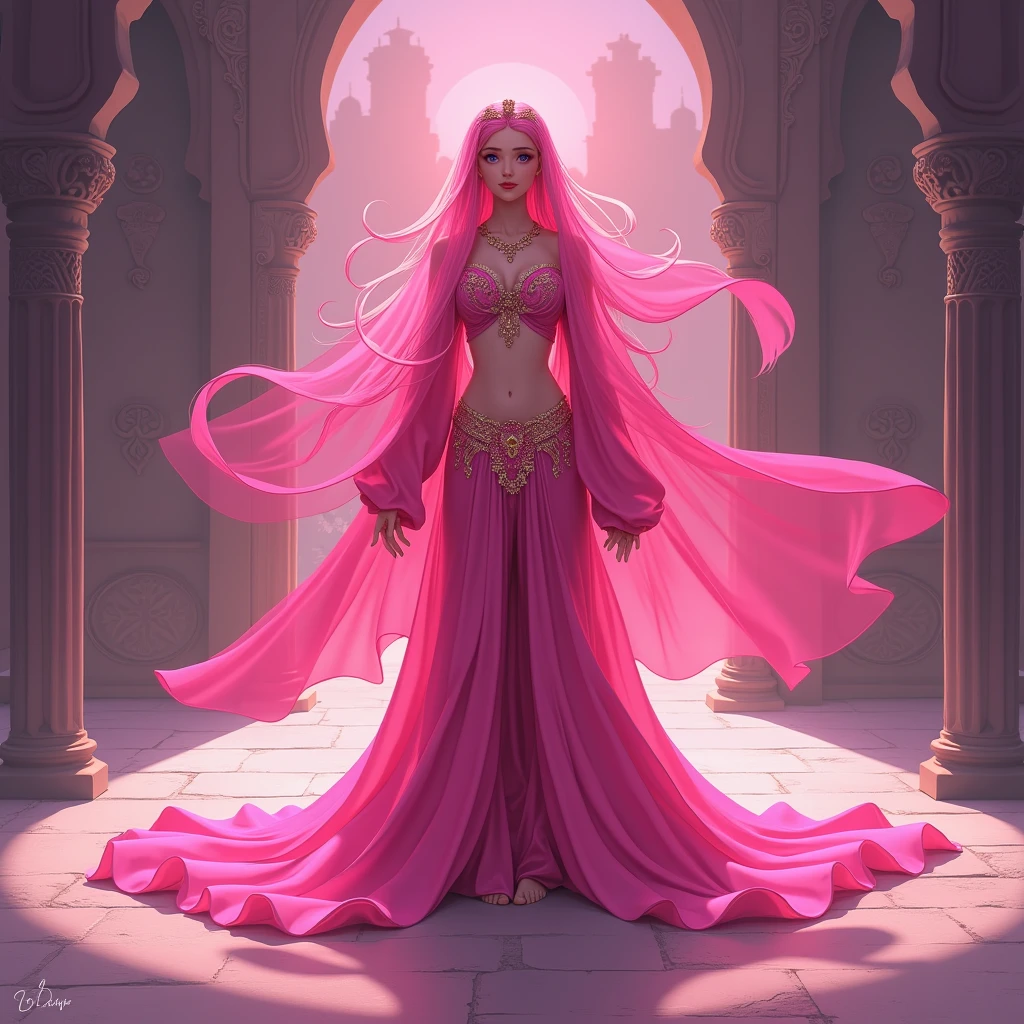 (Highest quality,4K,8k,High resolution,masterpiece:1.2), Tall Women,solo,Long pink hair, Bright pink, whole body, Standing pose, Bright pinkの衣装, Arabian Nights, Long and wide, billowing belly dance harem pants, Face Veil, Long veil, barefoot, figure,anime