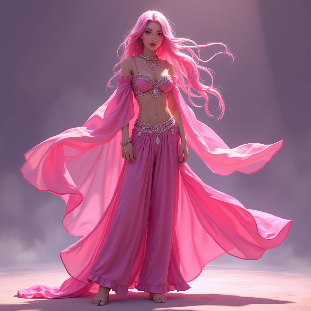 (Highest quality,4K,8k,High resolution,masterpiece:1.2), Tall Women,solo,Long pink hair, Bright pink, whole body, Standing pose, Bright pinkの衣装, Arabian Nights, Long and wide, billowing belly dance harem pants, Face Veil, Long veil, barefoot, figure,anime