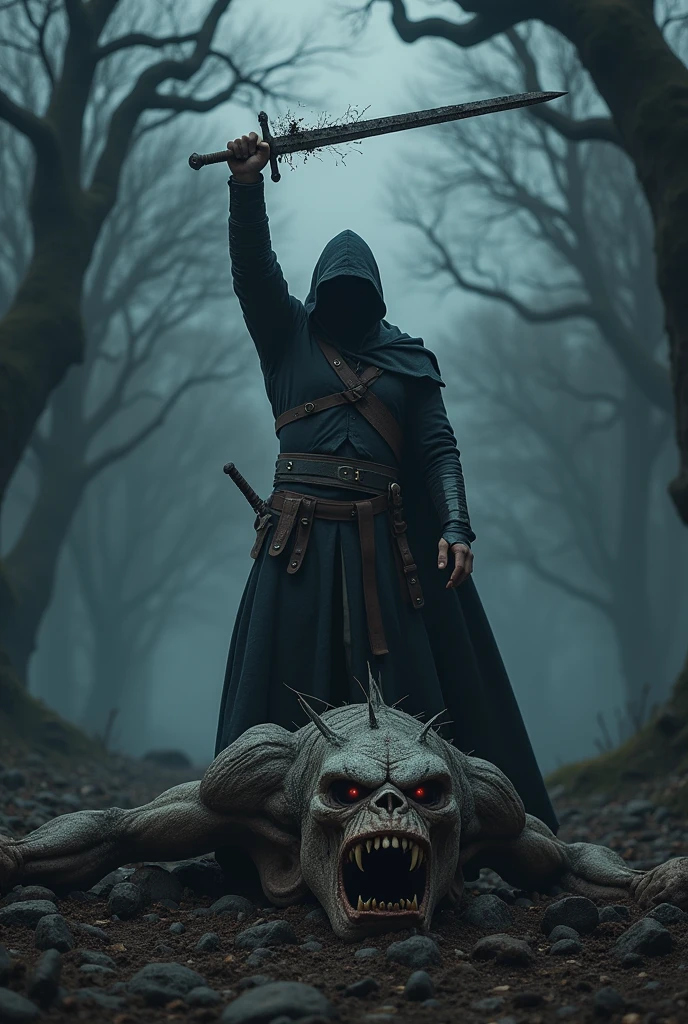 A  sword man and a beheaded head of a scary creature 