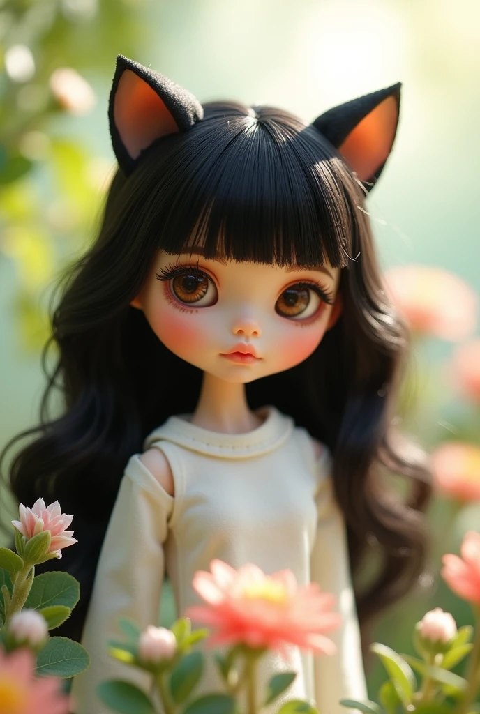 Blythe doll with black layered no bangs hair, a small brown eyes that looks like a cat’s eyes, is wearing a white shirt and NO CAT EARS.