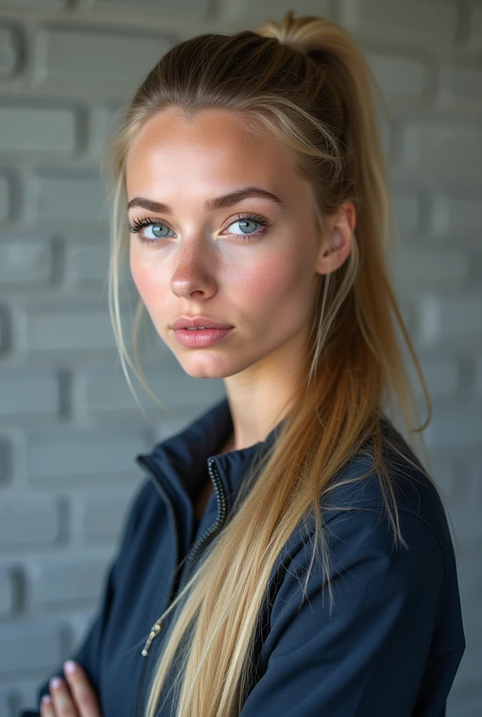a 20 year old woman, long blonde hair, blue eyes, high cheekbones, hair tied back, wearing a tracksuit, sports shoes, gray brick wall background, detailed face, photo-realistic, 4k, high quality, studio lighting, beautiful detailed eyes, beautiful detailed lips, extremely detailed face, long eyelashes, natural expression, sharp focus