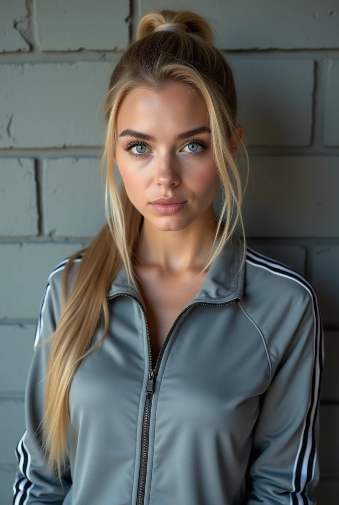 a 20 year old woman, long blonde hair, blue eyes, high cheekbones, hair tied back, wearing a tracksuit, sports shoes, gray brick wall background, detailed face, photo-realistic, 4k, high quality, studio lighting, beautiful detailed eyes, beautiful detailed lips, extremely detailed face, long eyelashes, natural expression, sharp focus