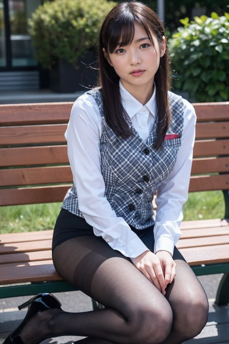 Urzan-6500-v1.1, (RAW Photos:1.2), (Realistic), (Genuine:1.4), １、Perfect Anatomy、42 years old、Looking into the camera、Medium Long Hair、Plaid vest、((Sit on a bench:1.3))、(Ultra-realistic pantyhose:1.2), (High heels)、(Business services)、Cowboy Shot