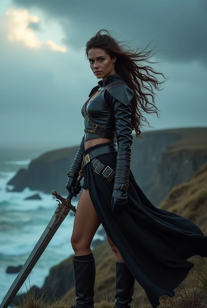 A woman is standing angrily with a sword in her hand