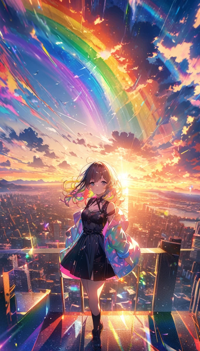 Angelic, detailed woman, sunrise, rainbow, after the rain, horizon, in the sky, city , lens flare, colorful, high-res, 8K
