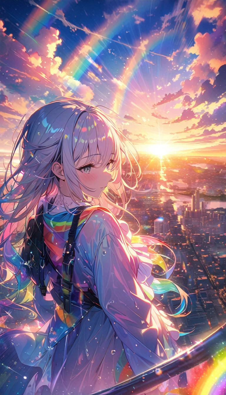Angelic, detailed woman, sunrise, rainbow, after the rain, horizon, in the sky, city , lens flare, colorful, high-res, 8K