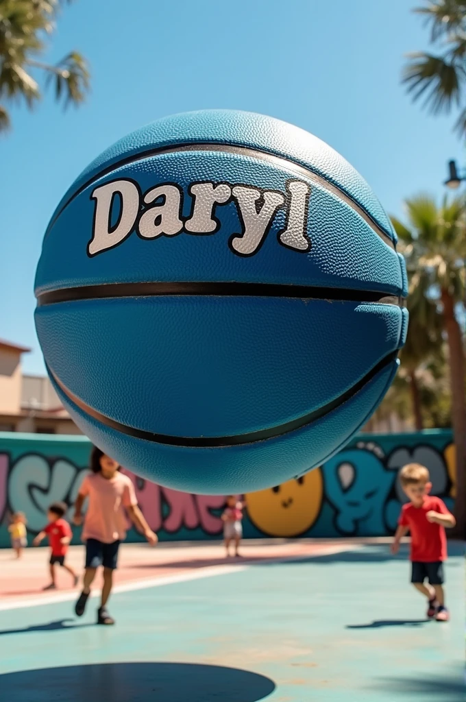 Un ballon de basket bleu et noir en l'air avec le prénom Daryl écrit dessus