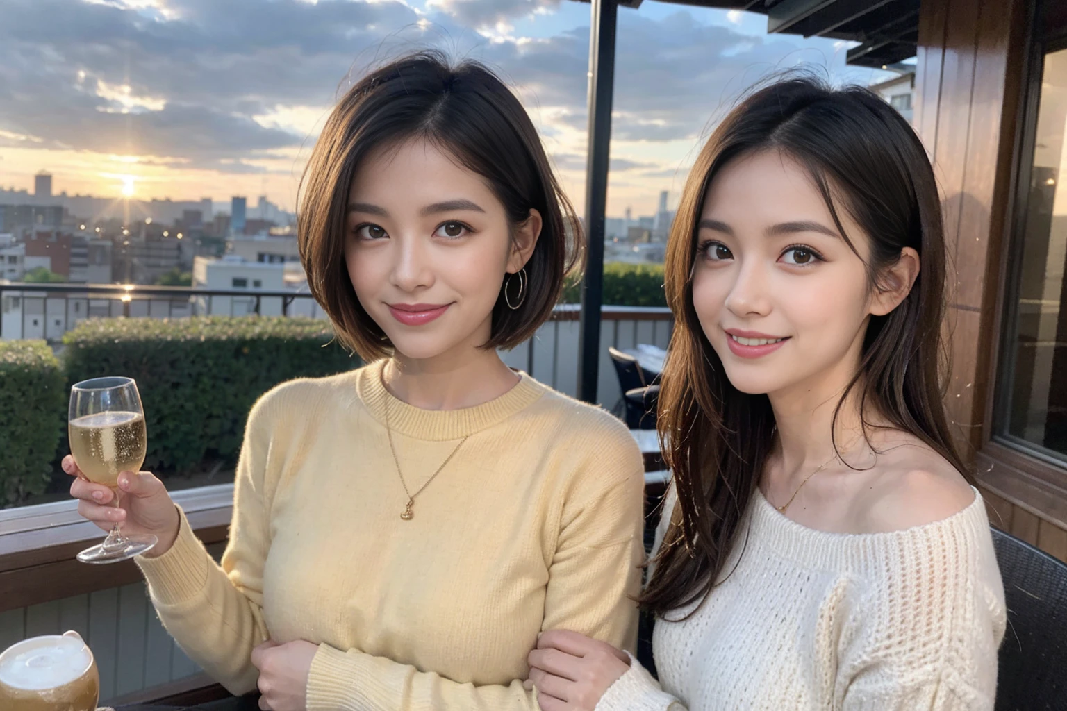 (Realistic:1.1),(masterpiece,Highest quality),8k,(49 years old), 53 years old, ベリーslimボディ、slimカップル、Tight waist,Upper Body,sashimi、Tempura、Japanese sake、Shochu 、Amazing view of the sunset sky and clouds、Perfect Anatomy, Brown Hair, short hair,Random Hairstyles,((Highly detailed face and eyes:1.2)),Perfect golden ratio face,Long sleeve shirt、dress,(smile:1.2)、Shortcuts、cute、(Realistic, Intricate details:1.2), A bright smile、short hair,Bright Face、Champagne、sparkling wine、(slimな顔), (The body is slim), (Brown Hair), (Shortcuts), Upper Body, slim, wine glass,