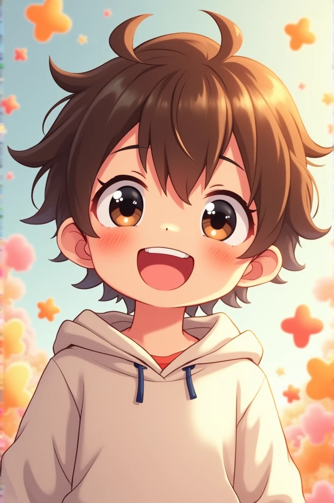 An anime boy with brown hair and big eyes staring at the camera[[[[smile]]]], White sweatshirt，smileと輝く瞳, 大きな目と恐ろしいsmile, Glossy black hair, Black eyes gleaming,, Performance, Laughter,