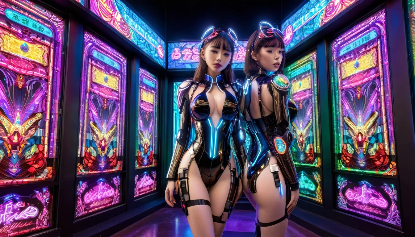 (Very detailed: 1.5), official art, stained glass with images of arcade machines, video games, the motif is arcade machines, video games, light transmission, vibrant colors, symmetrical designs, lighting effects, shiny,
generates various poses, NSFW, 1futuristic mechanical girl, alone, in a science. -fi environment with neon flashes, style (Cyberpunk: 1.3), dressed in a stylish combat suit with shiny details, plunging neckline, posing confidently (bold typography: 1.2), dynamic composition, bright colors, (Akira style: 1.1), (Hajime Sorayama inspiration: 1.2),
