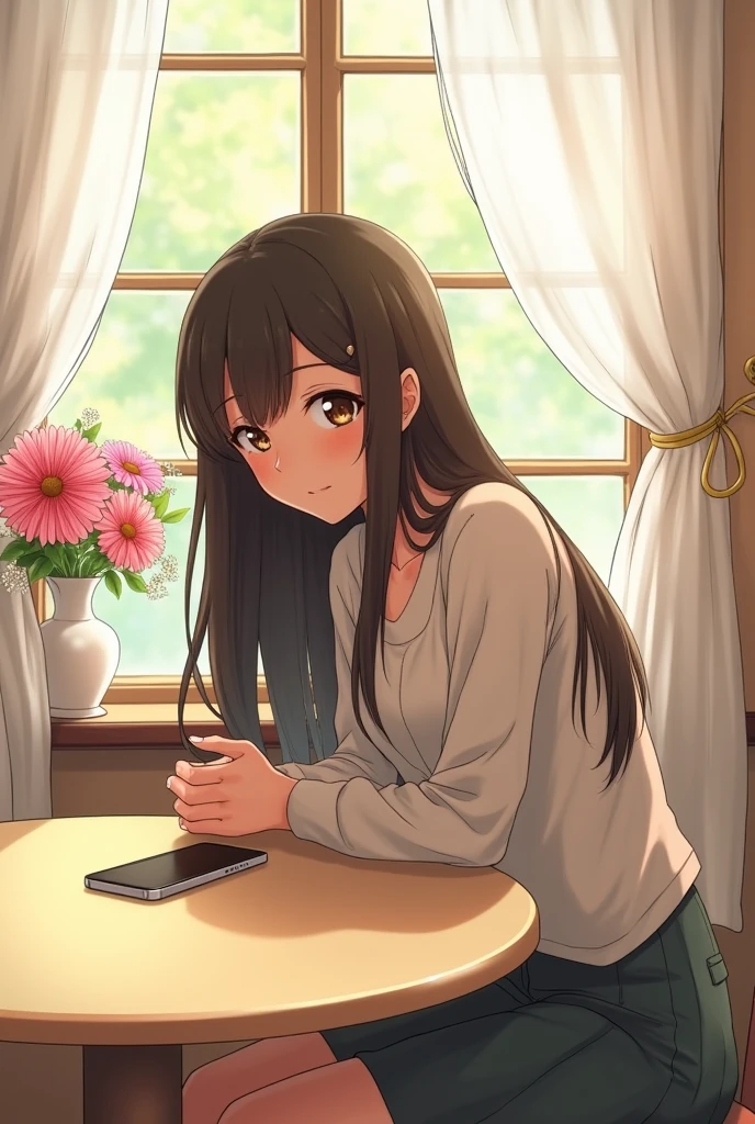 A 20-year-old woman, with a cute room, a large window in a Western-style building, a Western-style room, a table(A round beige table)A white curtain. An iPhone rests on a table. A woman is hunched over the table. She has long hair and is Japanese. She looks like a human character in a manga. Beautiful detail. The profile of a lonely woman. Brown eyes. A vase by the window. Pink gerberas. Small white flowers. A white vase. An iPhone on the table.