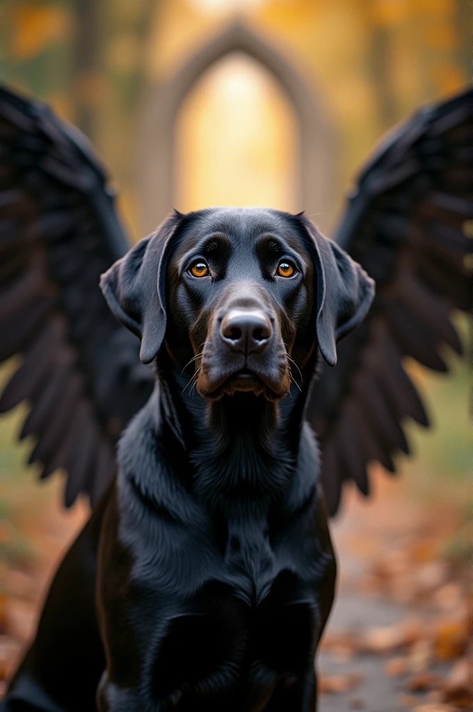 ((best quality)), ((masterpiece)), (Black Labrador with wings and in the background heaven gate ), perfect face