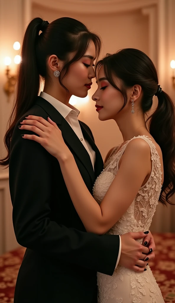 (THE WOMAN ARE KOREAN),The first woman is holding the waist of the second woman. The second woman is wearing an elegant white lace evening dress. The first woman dress like boss.The second woman wrapped her arms around the first woman's neck. The first woman wrapped her arms around the second woman's waist. The first woman tied her hair into a tight ponytail. The second woman is also a bit brunette and has light hair. They look at each other and are very close. The first woman has long nails. The first woman wore black nail polish. The second woman also has medium-sized nails and wears white nail polish. the first woman grins.the first woman have lighter skin.First woman more taller the second woman.