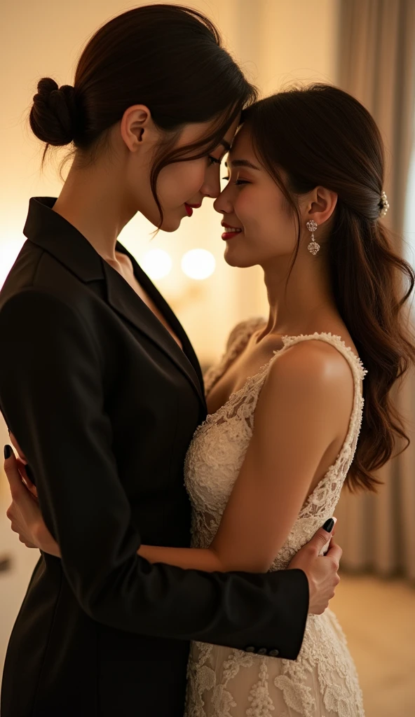 (THE WOMAN ARE KOREAN),The first woman is holding the waist of the second woman. The second woman is wearing an elegant white lace evening dress. The first woman dress like boss.The second woman wrapped her arms around the first woman's neck. The first woman wrapped her arms around the second woman's waist. The first woman tied her hair into a tight ponytail. The second woman is also a bit brunette and has light hair. They look at each other and are very close. The first woman has long nails. The first woman wore black nail polish. The second woman also has medium-sized nails and wears white nail polish. the first woman grins.the first woman have lighter skin.First woman more taller the second woman.
