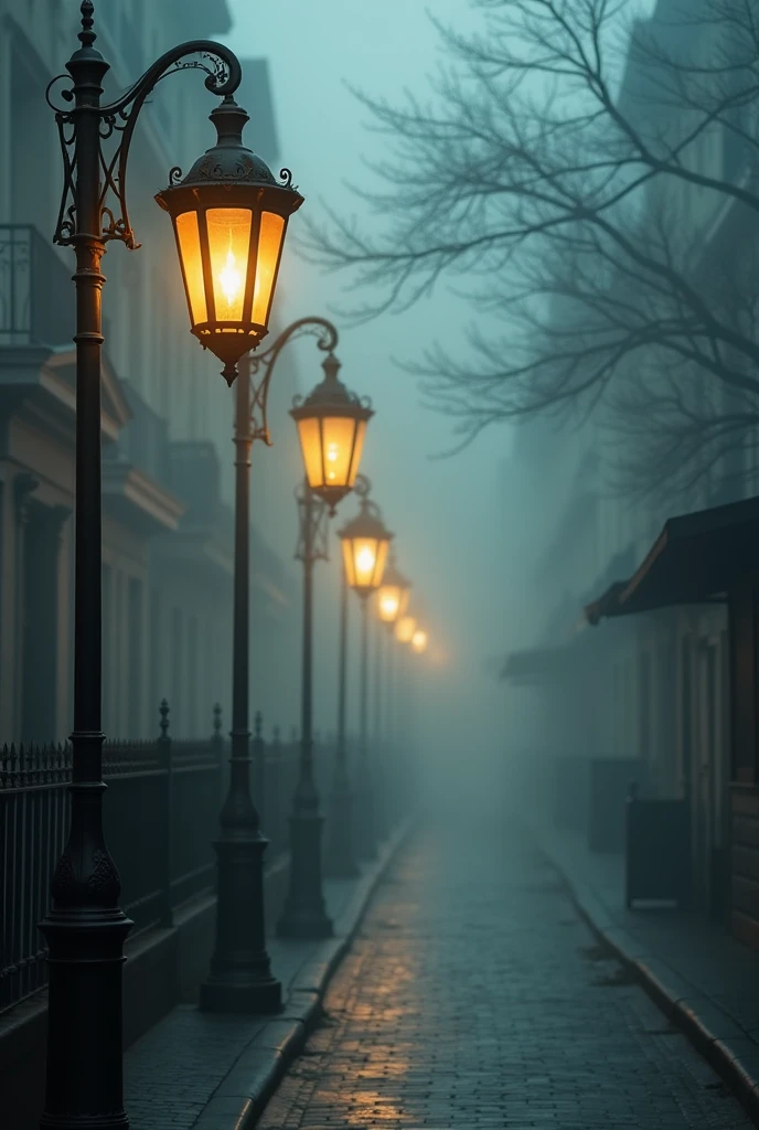 A quiet street lined with old-fashioned lampposts, their lights softly glowing through the thick mist. The lamps have brass and glass details, with small gears turning within. The air is filled with a gentle, surreal silence, as if time has slowed to a crawl.