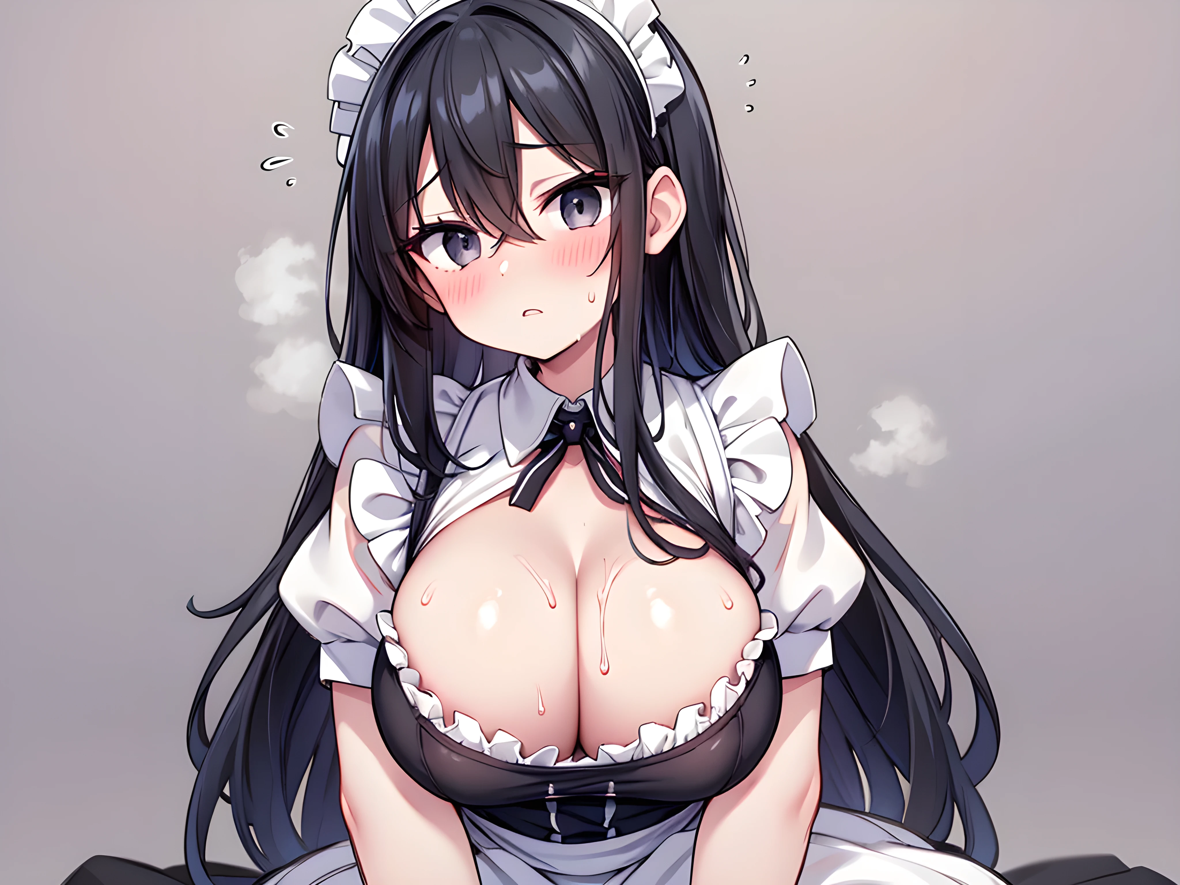 front view, 1girl, glamour, Plump shape, large breasts, beautiful straight long hair, black hair, hair between eyes, black eyes, detailed beautiful face and eyes
break, looking away, frustrated_brow, parted lips, (breast press by own arms:1.4), hugging chest, hands on breasts, transformed chest
maid headdress, (maid:1.4), button_gap, flared_skirt
kneeling, sweat, full-face blush, steaming body, (motion lines:1.4), wearing a bra under the shirt, sitting