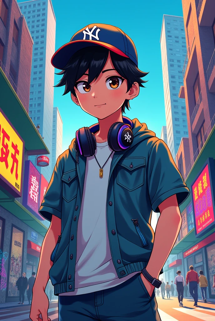 A drawing of a male donghua character wearing a New York Yankees cap.