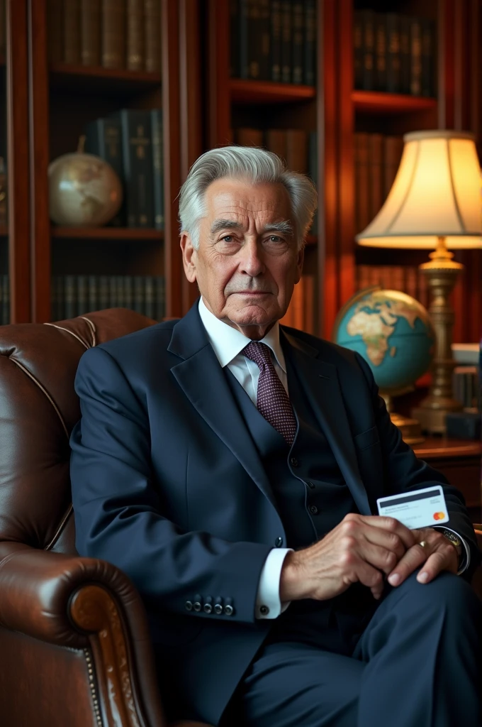 Homme blanc de 70 ans assi dans son bureau tenant en main une carte Visa