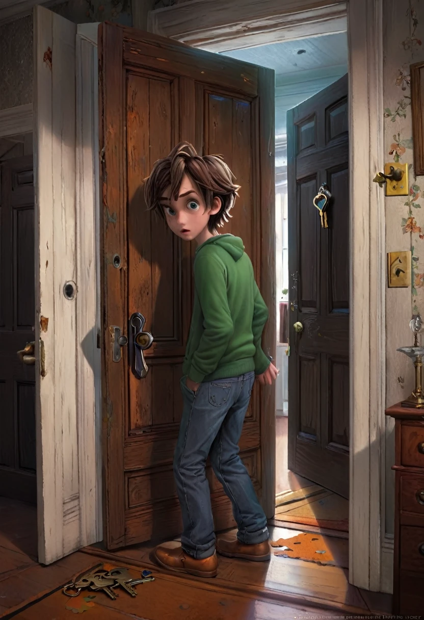 Searching the House: Ben is shown wandering through his old, creaky home, examining various doors and locks in different rooms. The house is large and slightly run-down, with a dark and moody interior. Ben looks puzzled as he checks different keyholes, all of which don’t fit the rusted key.
