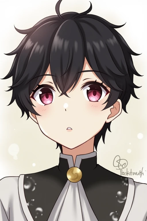 bangs, Droopy eyes, Three white eyes, Black Hair, 斜めbangs, Natural curls, Inner Color, Very short hair, Simple Background, Background blur, Japanese illustration style, male,Mash Hair,Pink Eyes,Nape,Collar hair,ピンク色のInner Color,ピンクのCollar hair,ピンクのNape